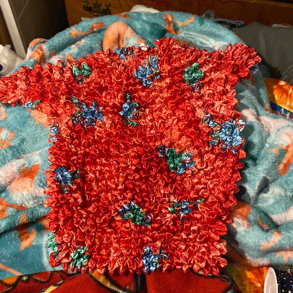 It is a popcorn shirt it’s red with blue and green flowers